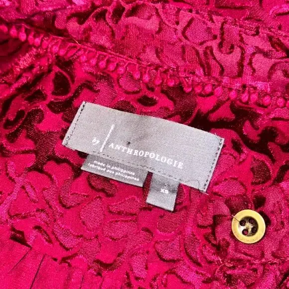 Anthropologie Velvet Jacquard Burnout Blouse Top Womens XS Burgundy Button Front - Picture 4 of 9